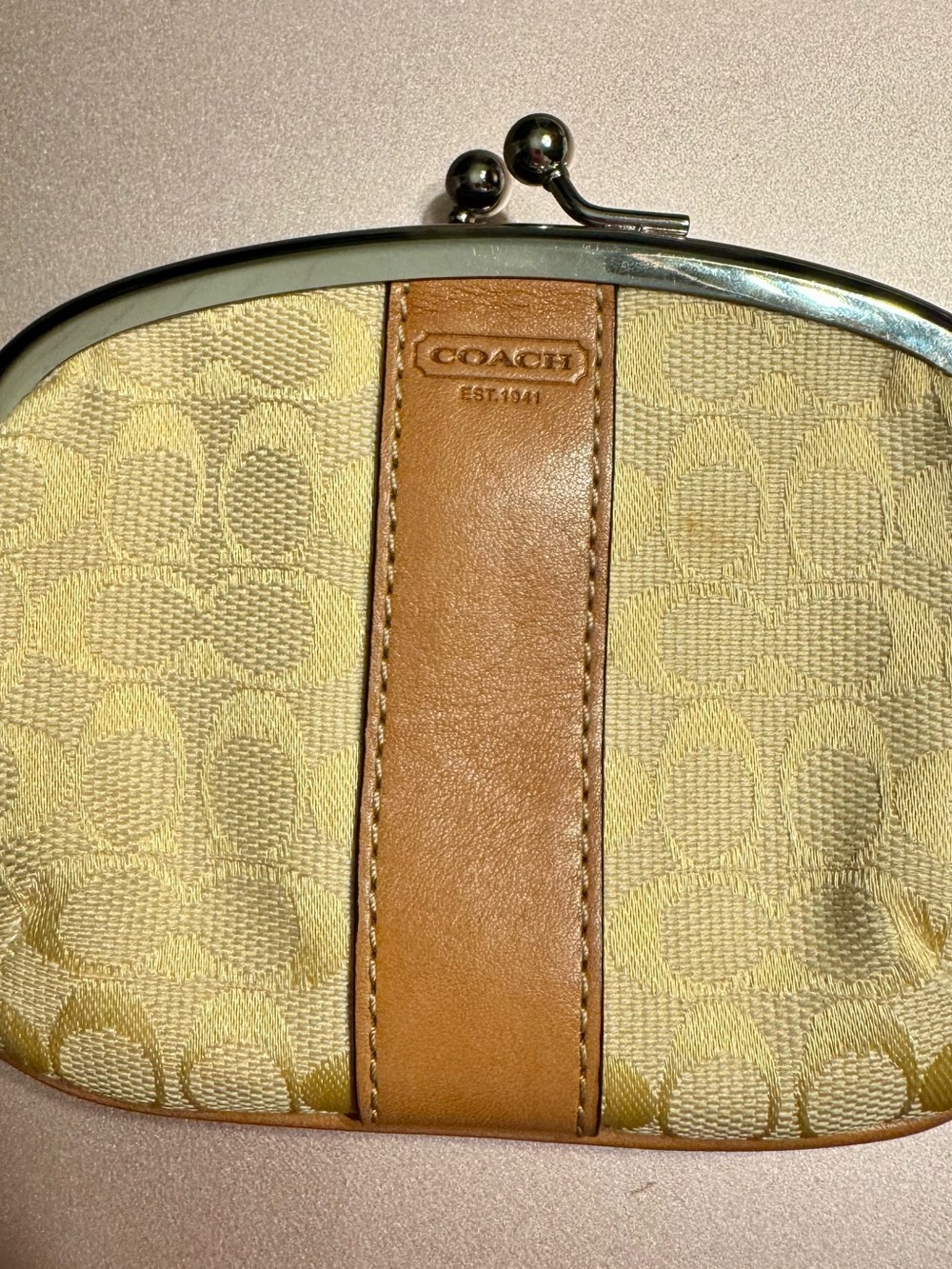 Coach Signature Canvas Kiss-Lock Coin Purse in Cream and Tan